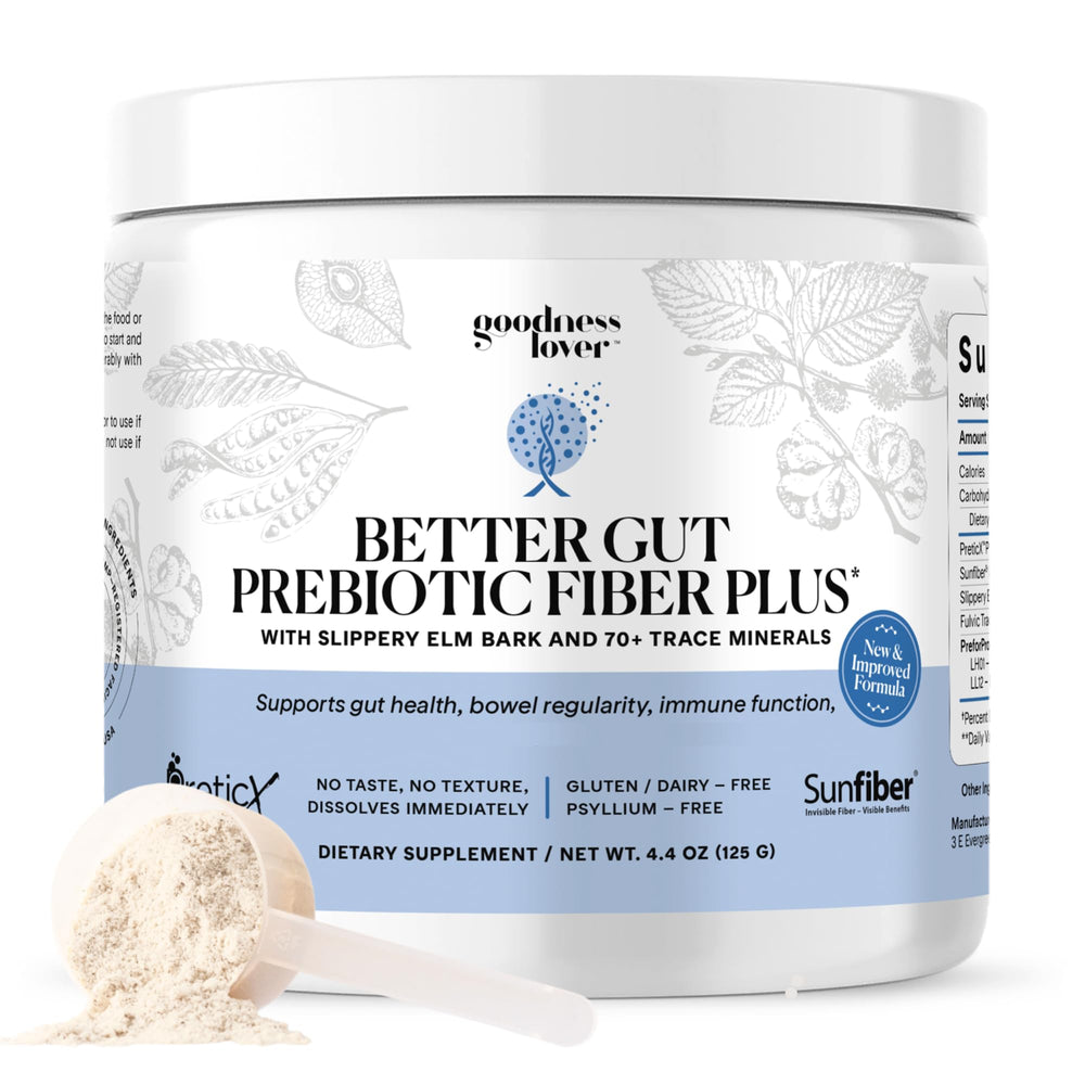 Goodness Lover Better Gut bottle pour shows easy-to-use prebiotic powder for digestion