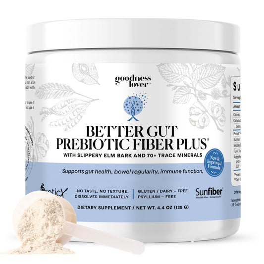 Goodness Lover Better Gut bottle pour shows easy-to-use prebiotic powder for digestion