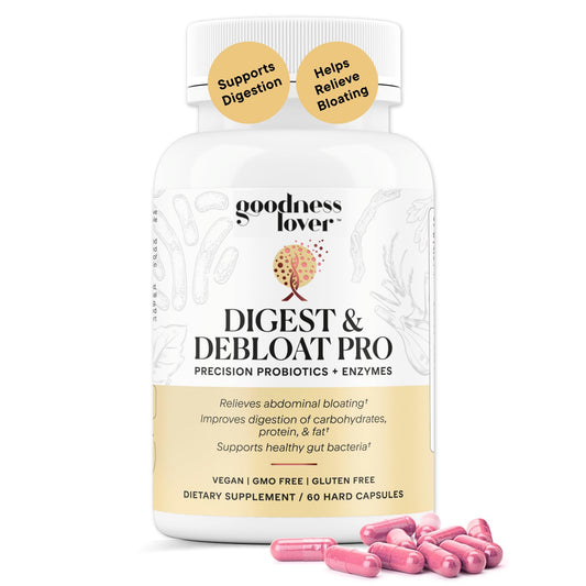 Goodness Lover Digest and Debloat Pro bottle with capsules for daily gut support