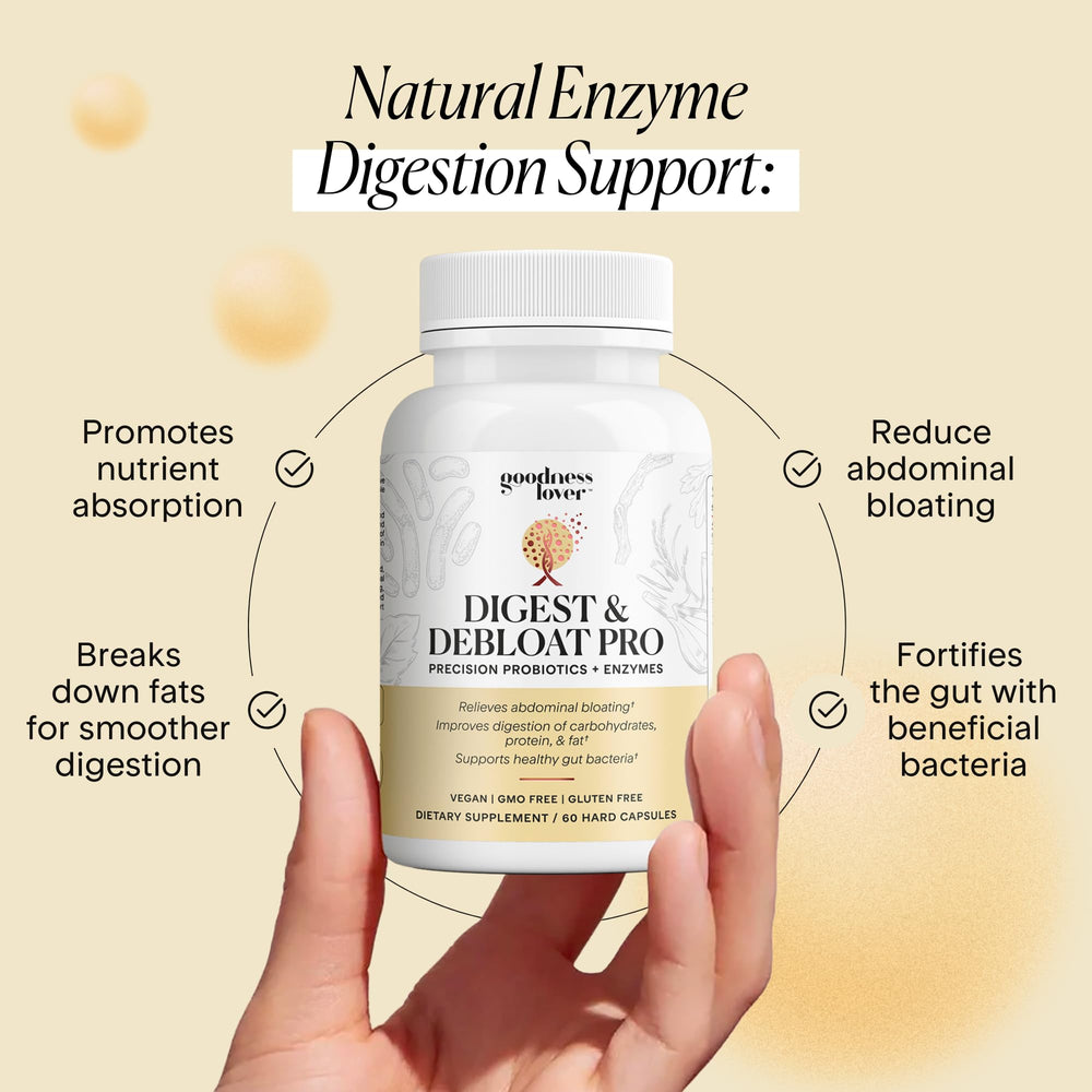 Ingredients list shows seven plant-based enzymes in Goodness Lover product