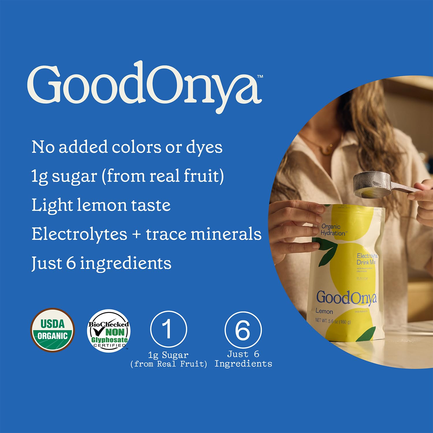 GOODONYA Organic Hydration scoop dispensing powder to mix in water efficiently