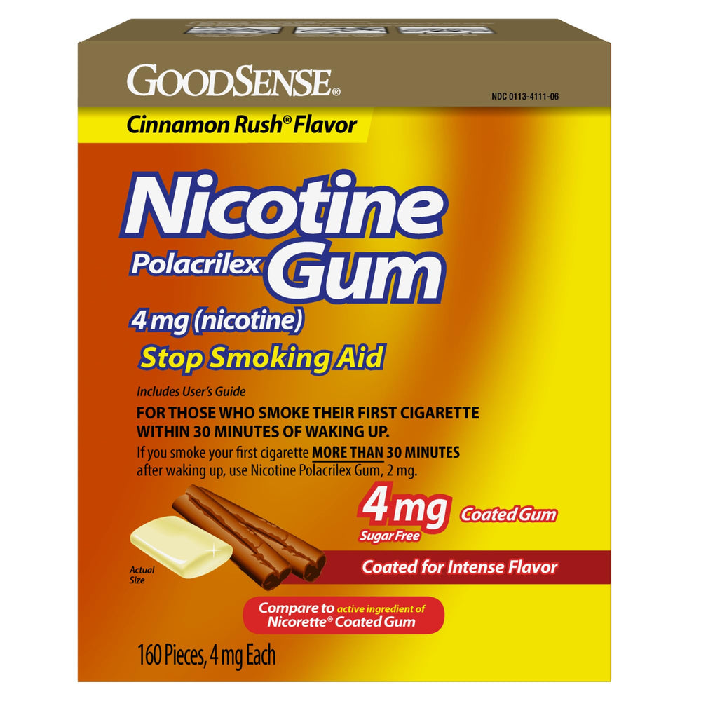 GoodSense coated gum 4 mg soft cinnamon pack for on-the-go craving relief.