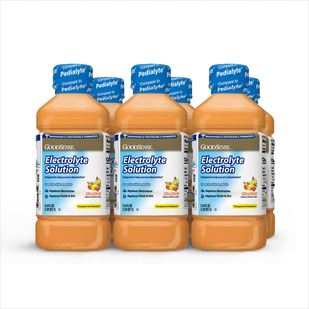 GoodSense electrolyte bottle with mixed fruit flavor highlighting refreshing hydration for activity