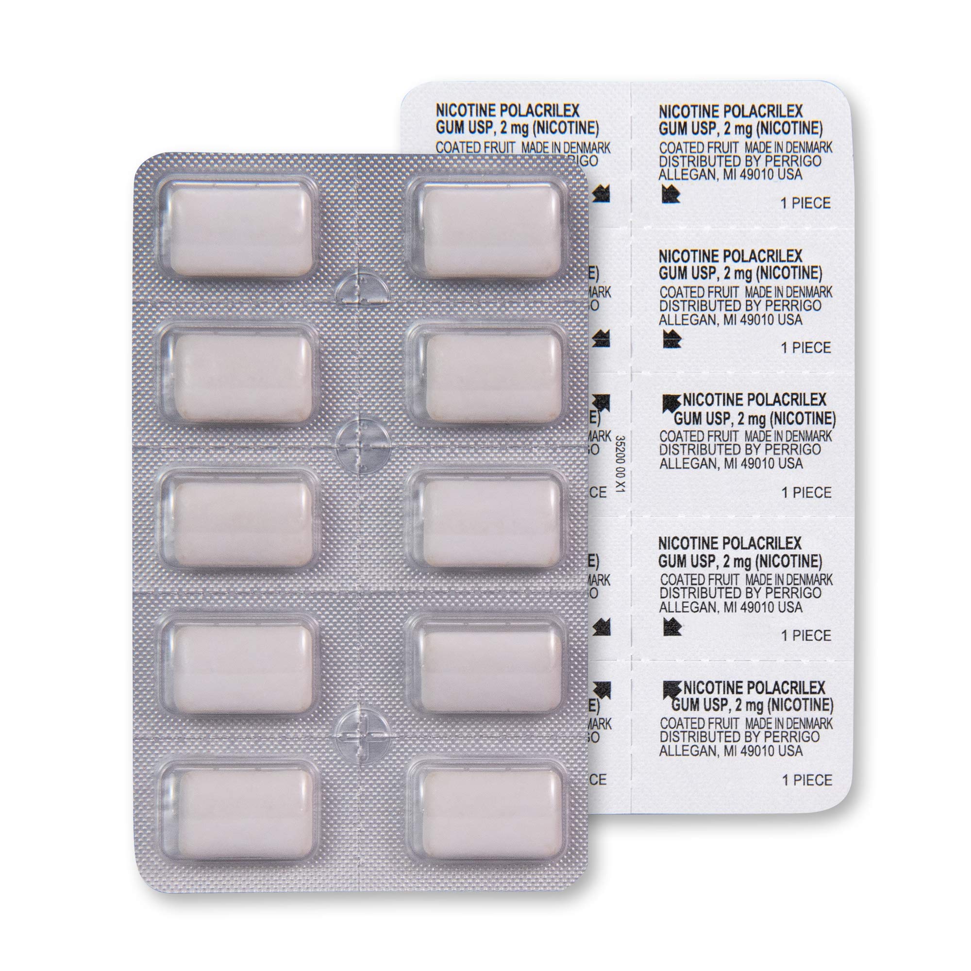 GoodSense nicotine gum 2 mg fruit flavor foil-wrapped pieces with shimmering surface.