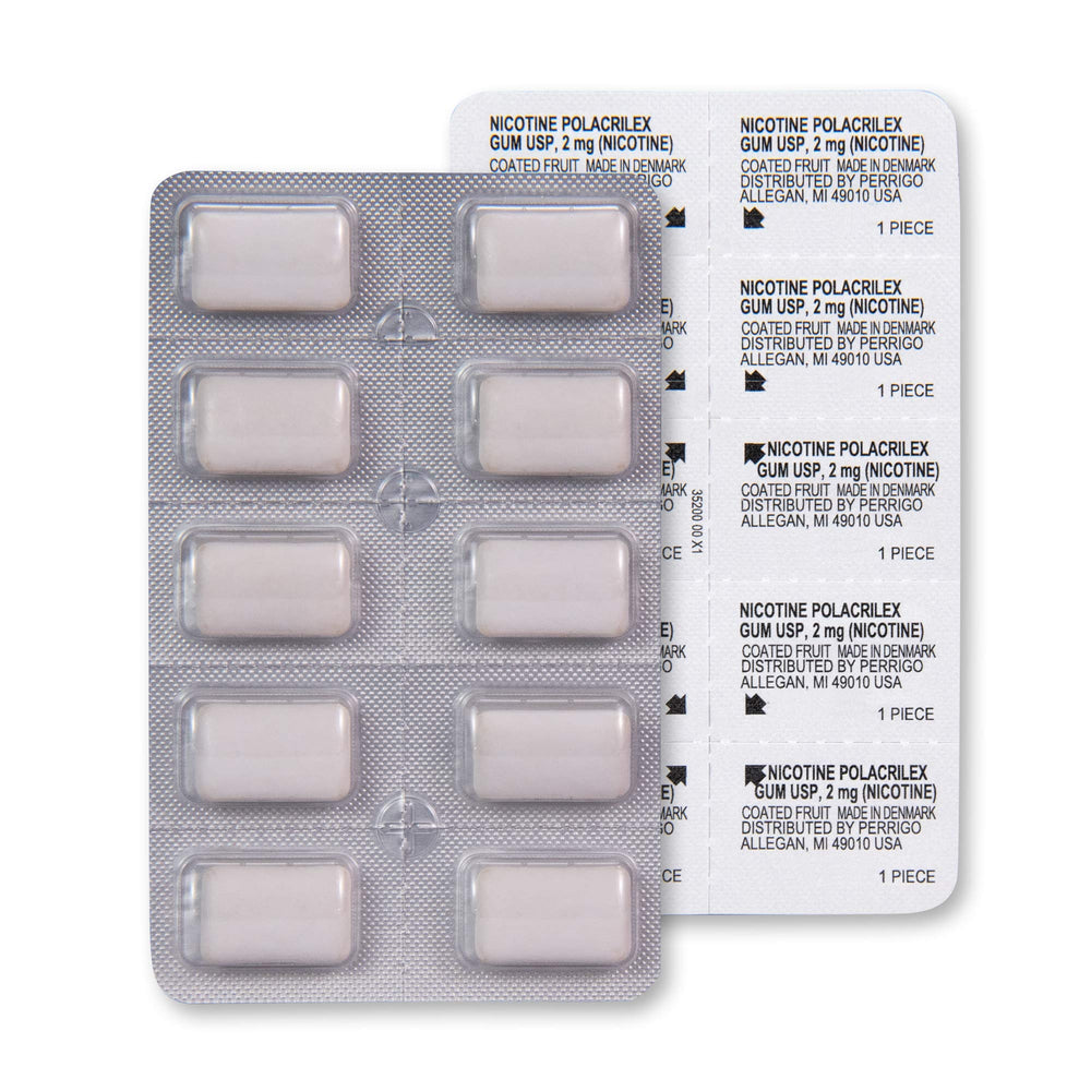 GoodSense nicotine gum 2 mg fruit flavor foil-wrapped pieces with shimmering surface.