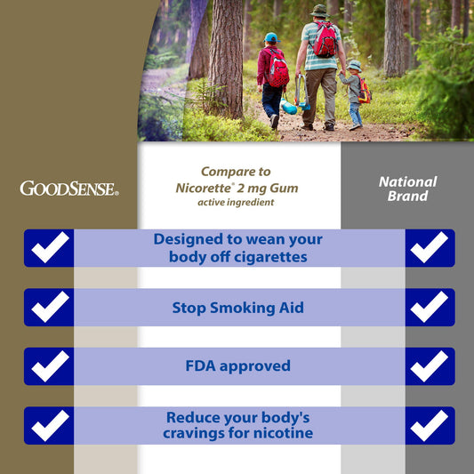 GoodSense nicotine gum 2 mg fruit flavor gum pieces shown for on-the-go use.