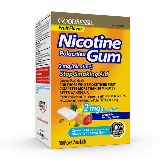GoodSense nicotine gum 2 mg fruit flavor packaging for discreet cravings relief.