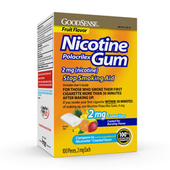 GoodSense nicotine gum 2 mg fruit flavor packaging for discreet cravings relief.