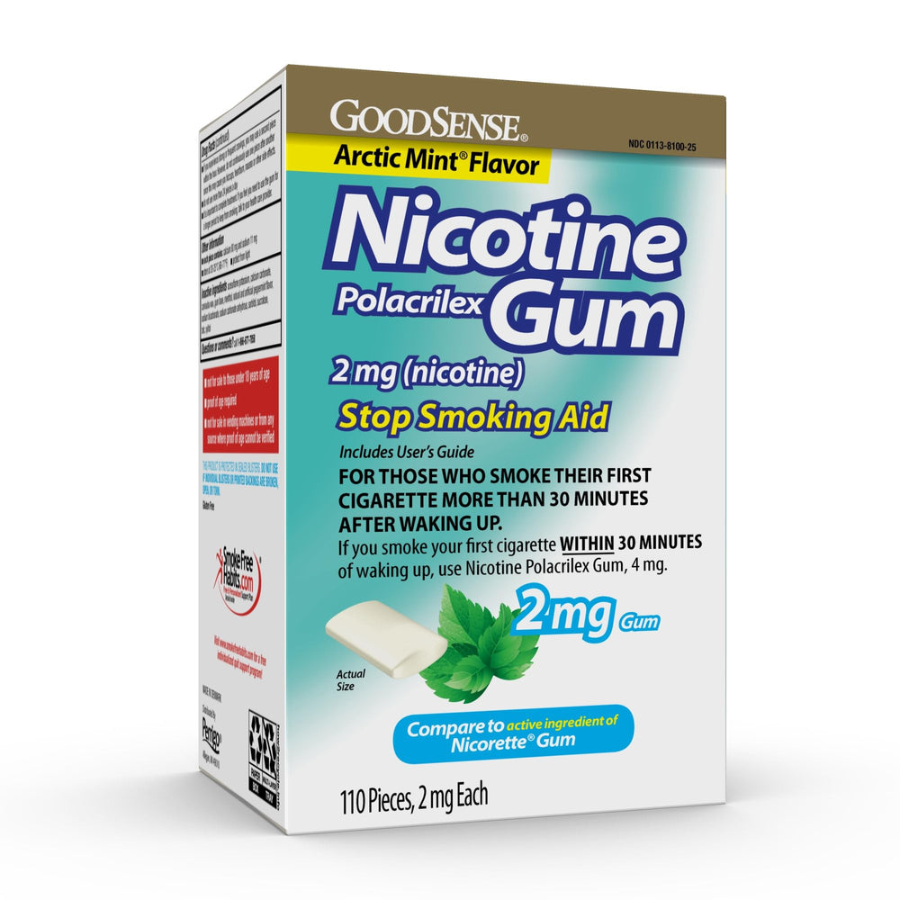 GoodSense nicotine gum mint packaging shows 2 mg option for cravings relief.