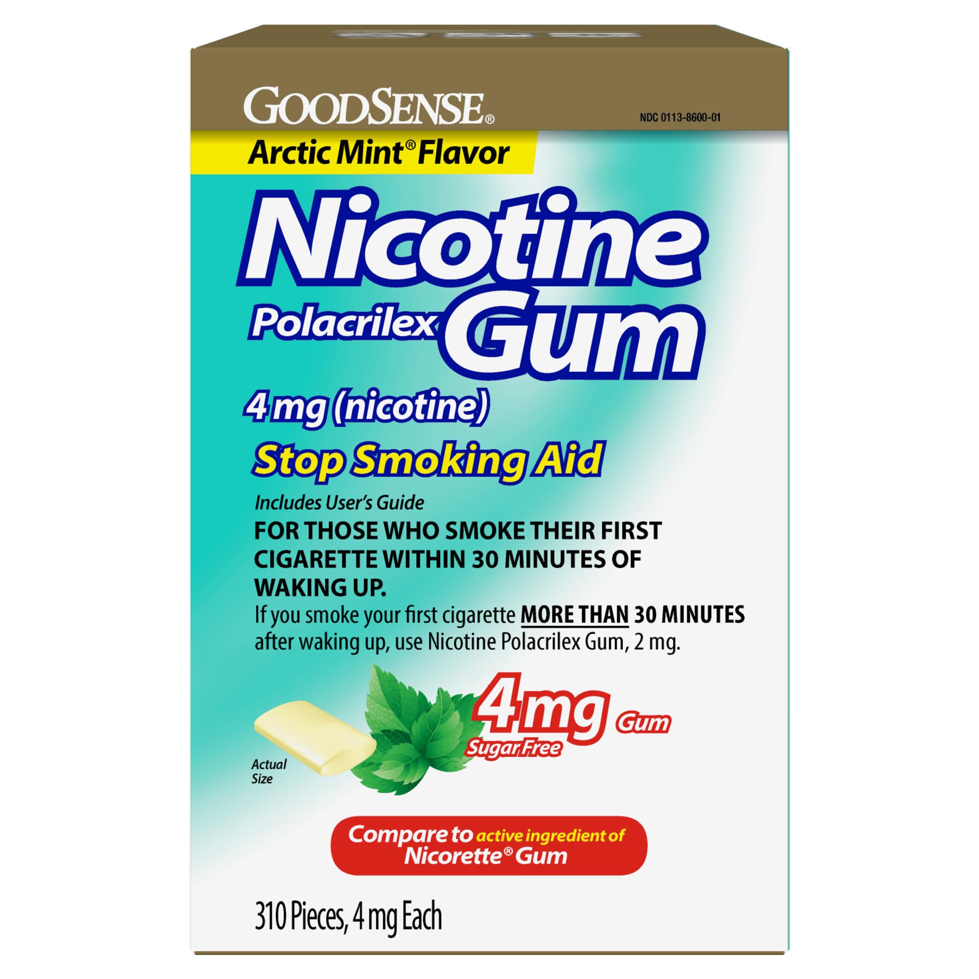 GoodSense Nicotine Gum 4 mg Arctic Mint pack shown, supports cravings management during quit attempts.