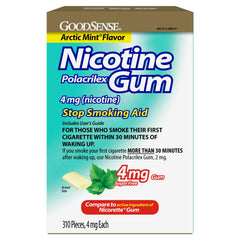 GoodSense Nicotine Gum 4 mg Arctic Mint pack shown, supports cravings management during quit attempts.