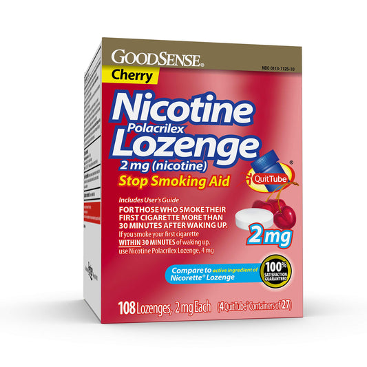 GoodSense nicotine lozenge 2 mg cherry packaging image showing convenient 108-count box.