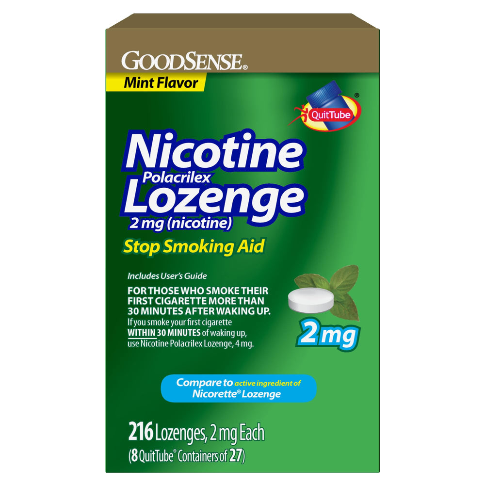 GoodSense Nicotine Lozenge 2 mg mint tablet close-up for craving relief on the go.