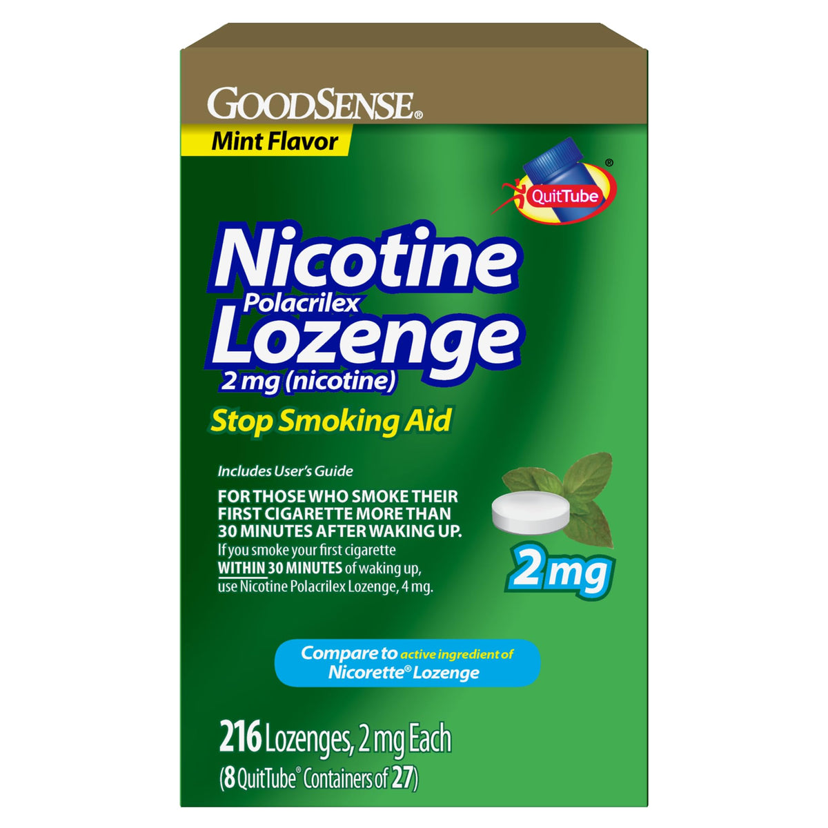 GoodSense Nicotine Lozenge 2 mg mint tablet close-up for craving relief on the go.