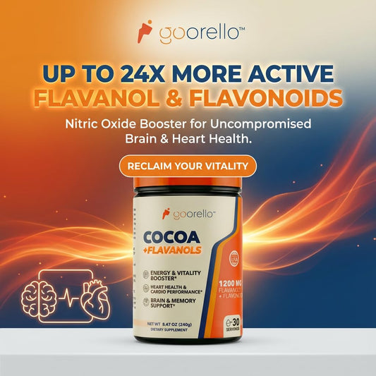 Goorello cocoa powder scoop ready for a daily flavanol boost.
