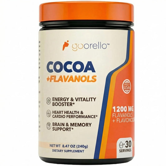 Goorello high flavanol cocoa powder jar promotes heart-supporting flavanols.