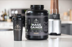 Gorilla Gulps Mocha Mass Gainer jar shows clean ingredients.