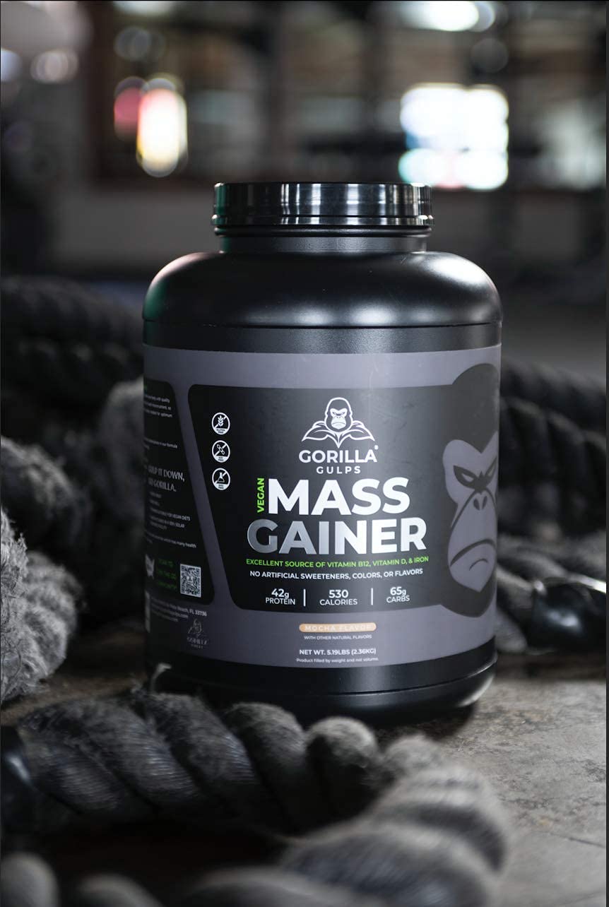 Gorilla Gulps Mocha Mass Gainer nutrition label highlights calories.