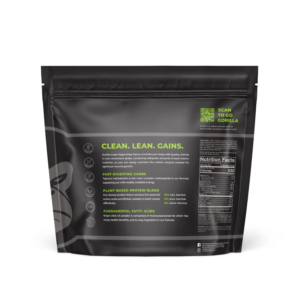 Gorilla Gulps plant-based protein blend graphic showing pea rice hemp.