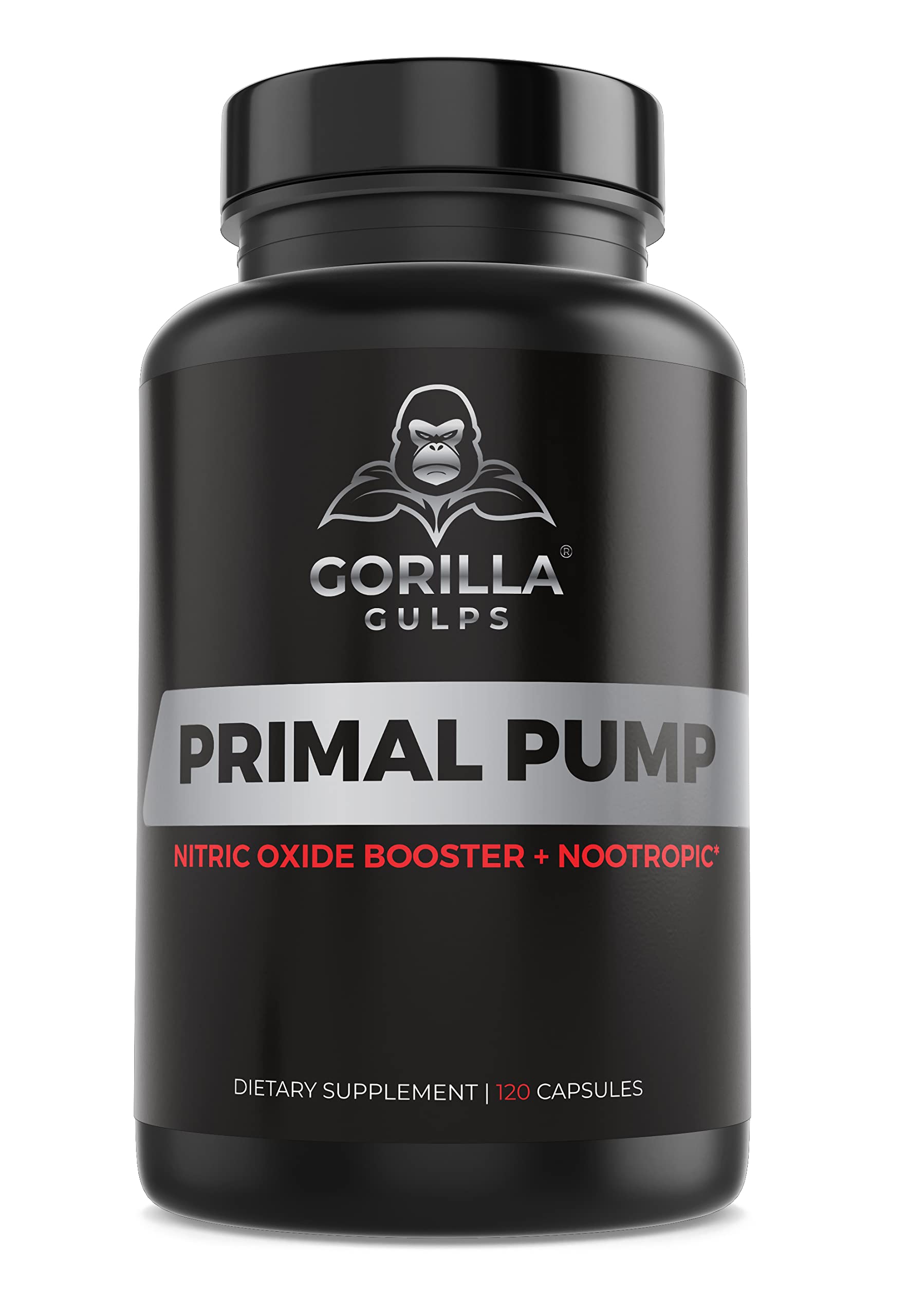 Gorilla Gulps Primal Pump bottle closeup highlighting pumps and nitric oxide support.