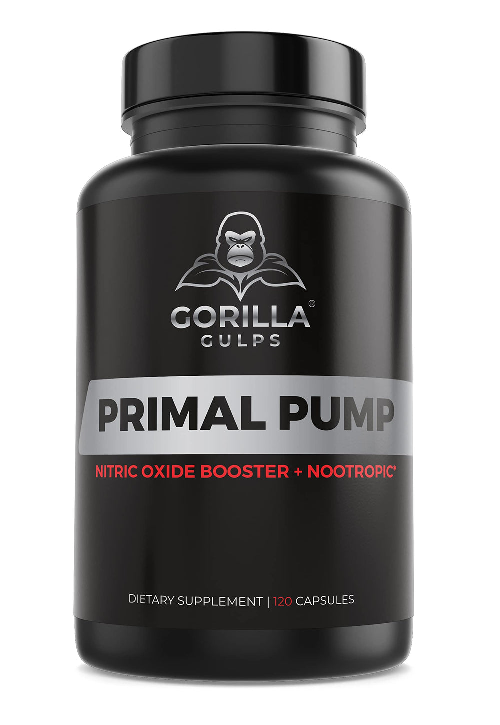 Gorilla Gulps Primal Pump bottle closeup highlighting pumps and nitric oxide support.