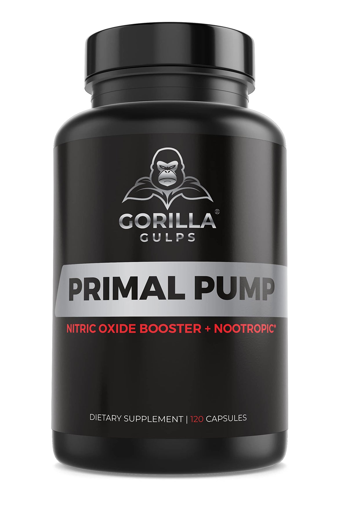 Gorilla Gulps Primal Pump bottle closeup highlighting pumps and nitric oxide support.