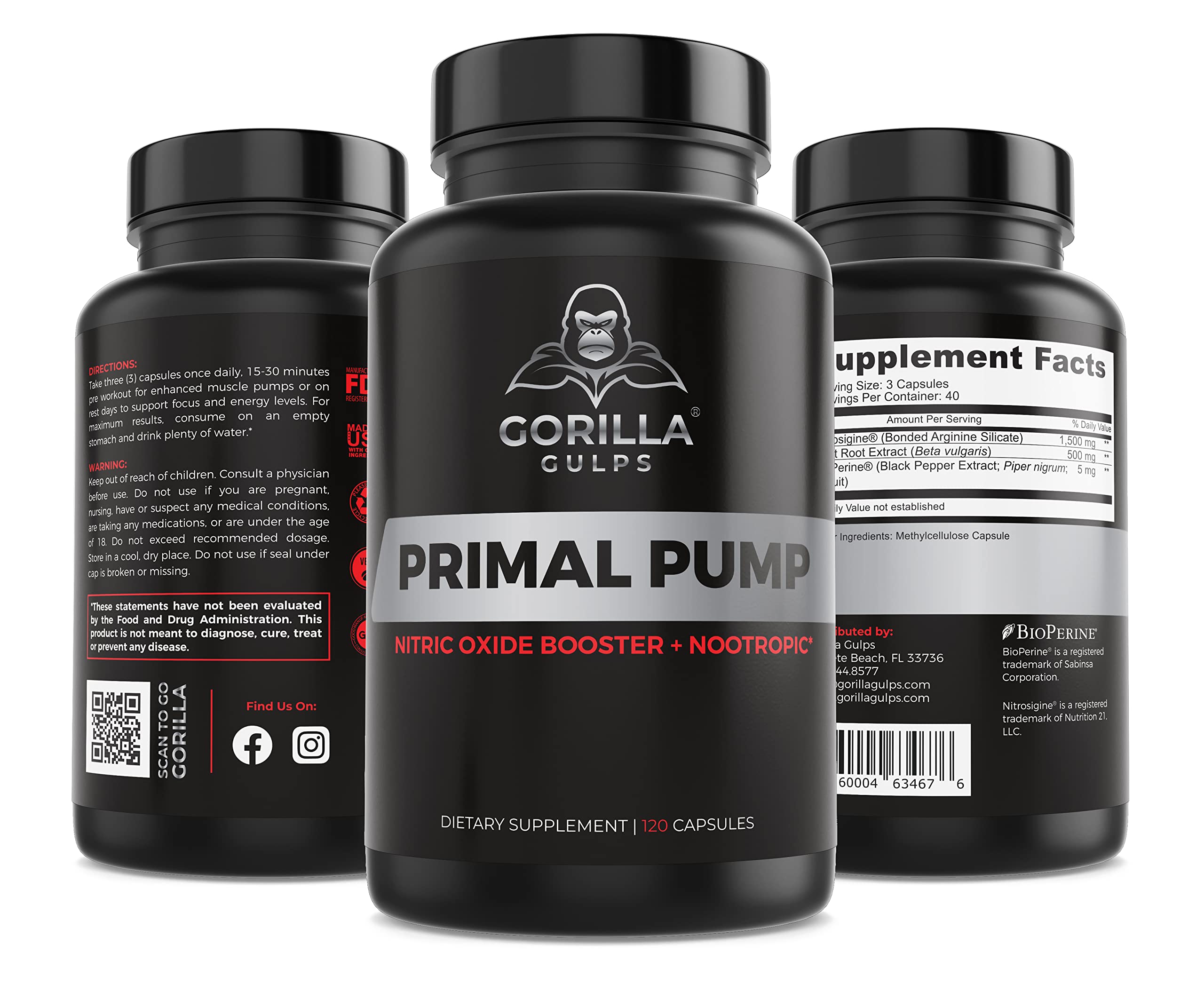 Gorilla Gulps Primal Pump label highlighting pepper extract for absorption support.