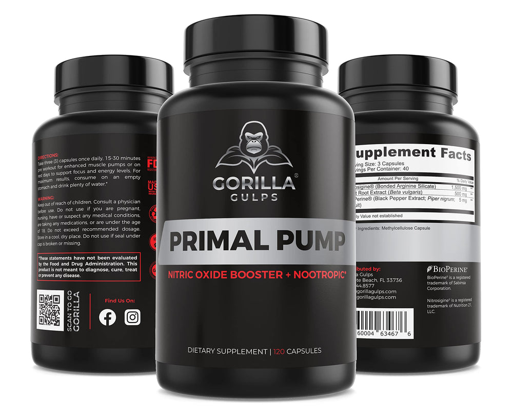 Gorilla Gulps Primal Pump label highlighting pepper extract for absorption support.