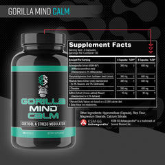 Gorilla Mind Calm capsules closeup suggests quick, accessible relaxation support.