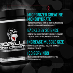 Gorilla Mind Creatine Monohydrate label highlighting USA-made quality.