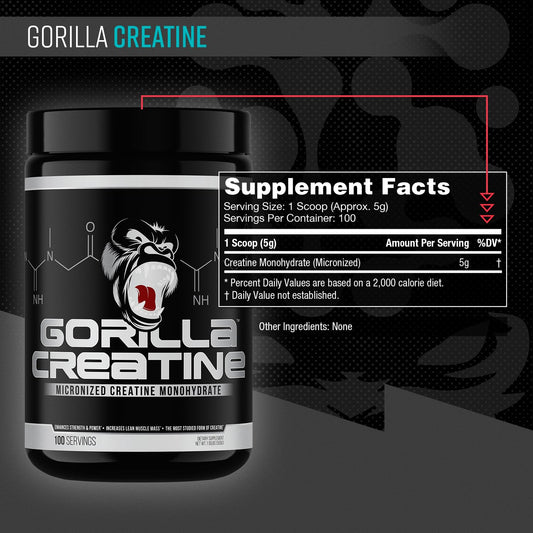 Gorilla Mind Creatine Monohydrate scoop beside the tub for precise 5g dose.