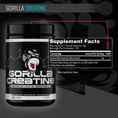 Gorilla Mind Creatine Monohydrate scoop beside the tub for precise 5g dose.