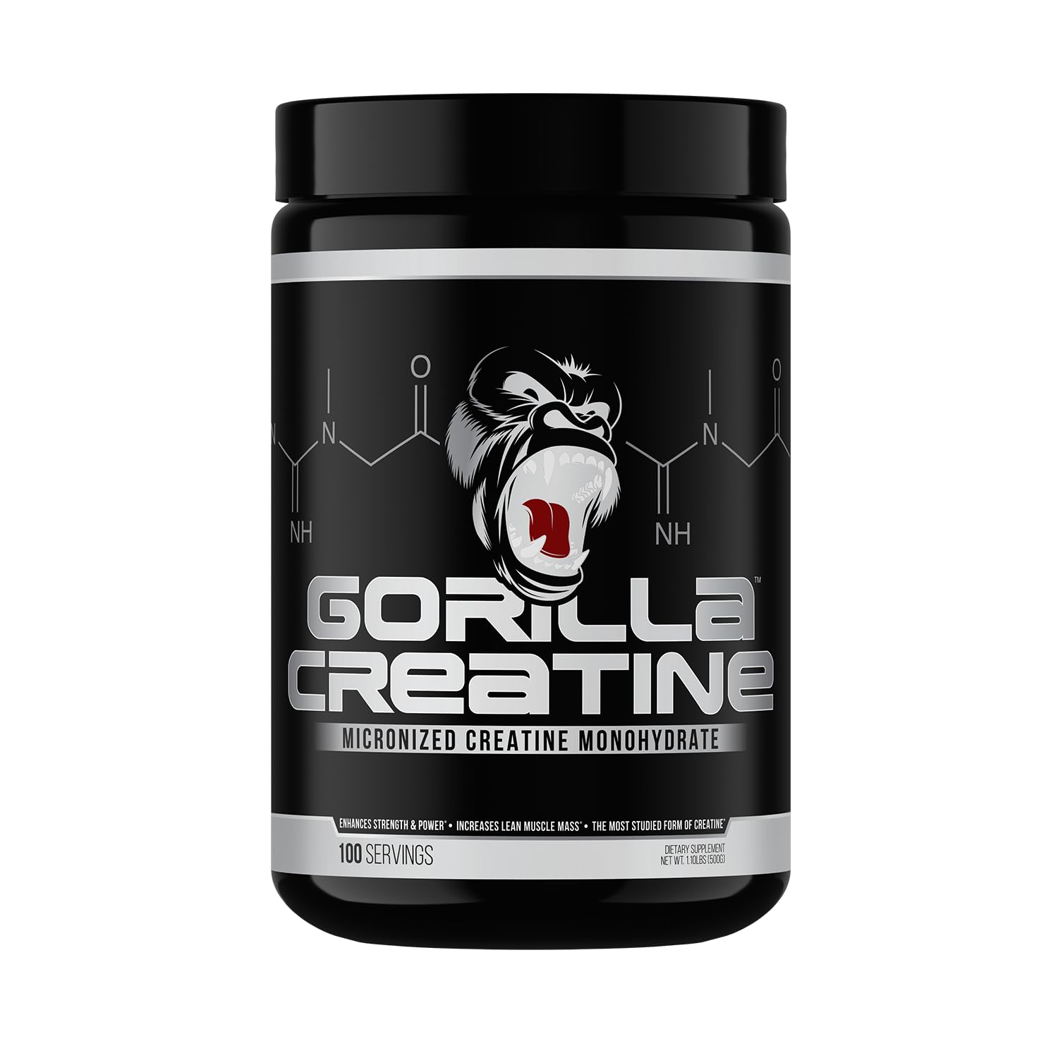 Gorilla Mind Creatine Monohydrate tub front showing 100 servings for muscle support.