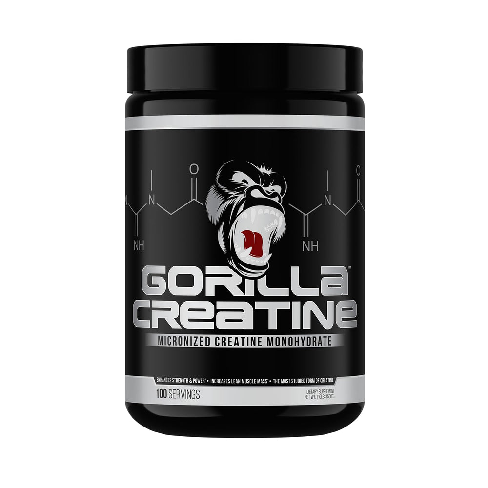 Gorilla Mind Creatine Monohydrate tub front showing 100 servings for muscle support.