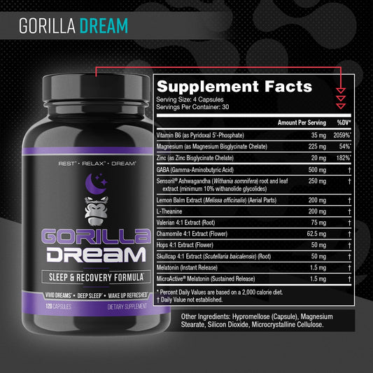Close-up of Gorilla Mind Dream capsules highlighting the sleep-supporting formula.