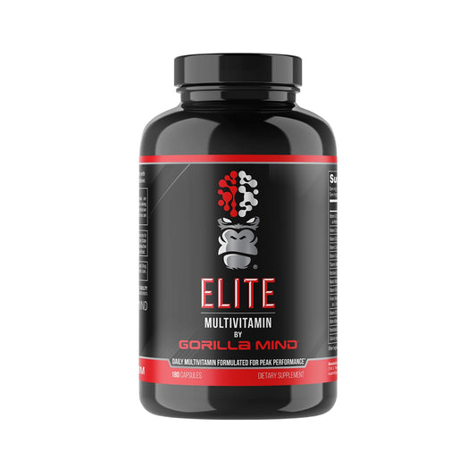 Gorilla Mind Elite bottle close-up showing capsules for daily performance support.