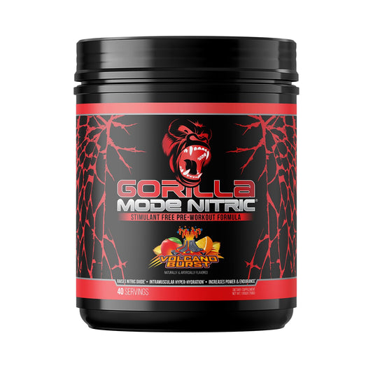 Gorilla Mind Gorilla Mode Nitric Upgraded pump pour highlighting workout pumps and hydration.