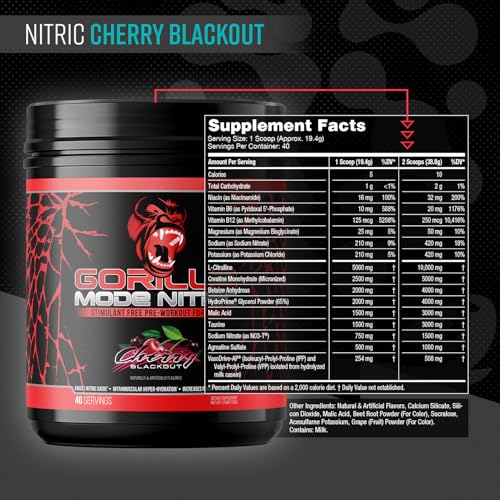 Gorilla Mind Gorilla Mode Nitric Upgraded scoop beside bottle shows precise serving