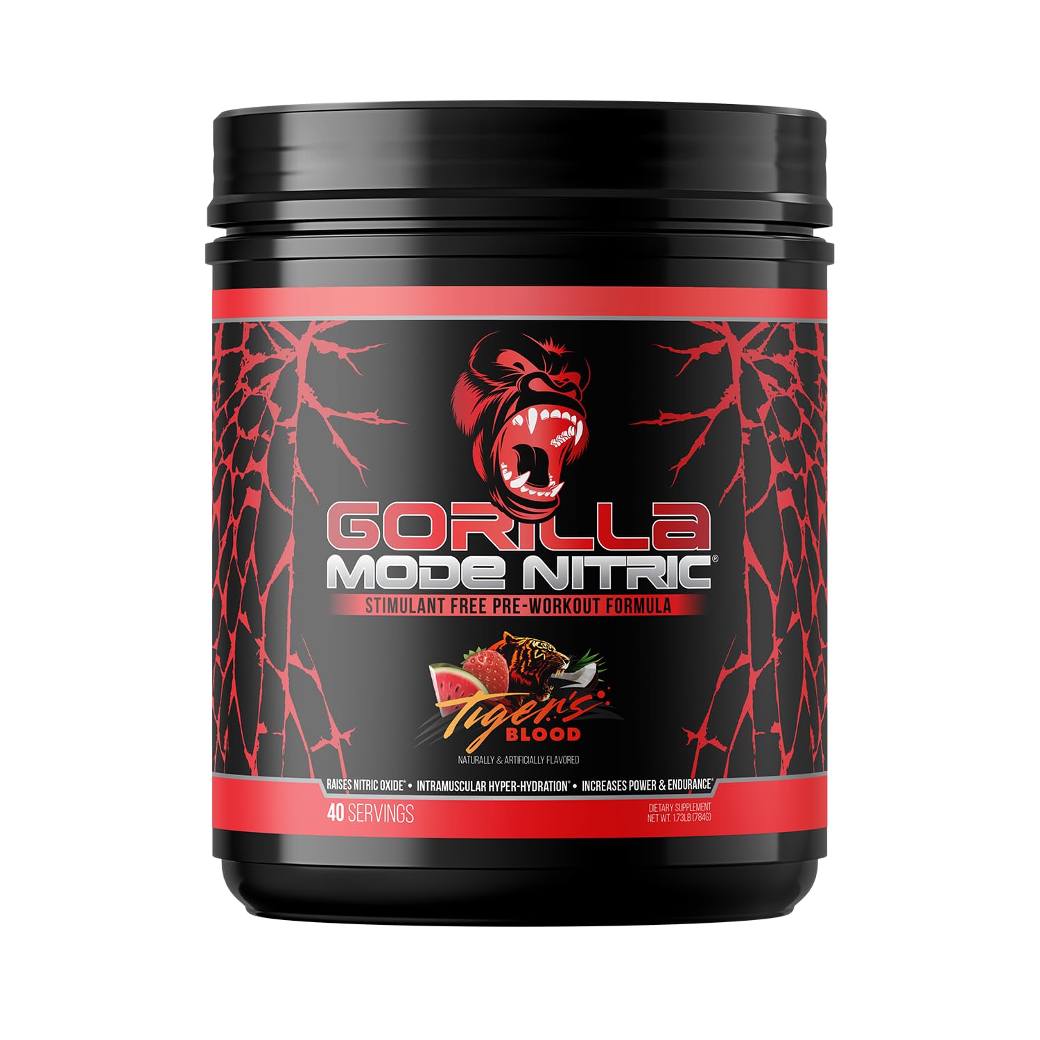 Gorilla Mind Gorilla Mode Nitric Upgraded tub front shows stimulant-free pre-workout packaging for pumps.