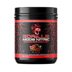 Gorilla Mind Gorilla Mode Nitric Upgraded tub front shows stimulant-free pre-workout packaging for pumps.