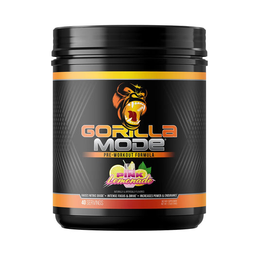Gorilla Mind Gorilla Mode pink lemonade bottle for intense workouts and focused energy.