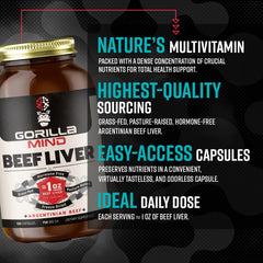 Gorilla Mind hormone-free beef liver bottle visual emphasizing convenient daily capsules.