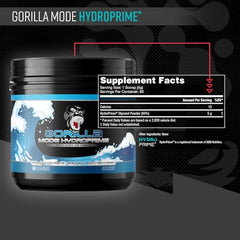 Gorilla Mind HydroPrime powder close-up highlights dosage and hydration support.