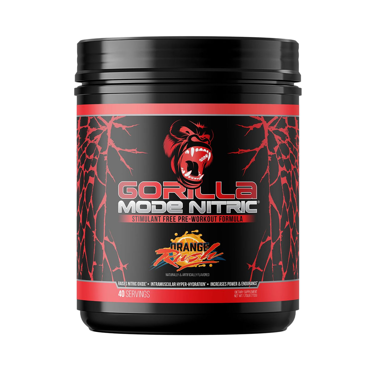 Gorilla Mind Nitric Up Orange Rush tub highlighting stimulant-free pumps.