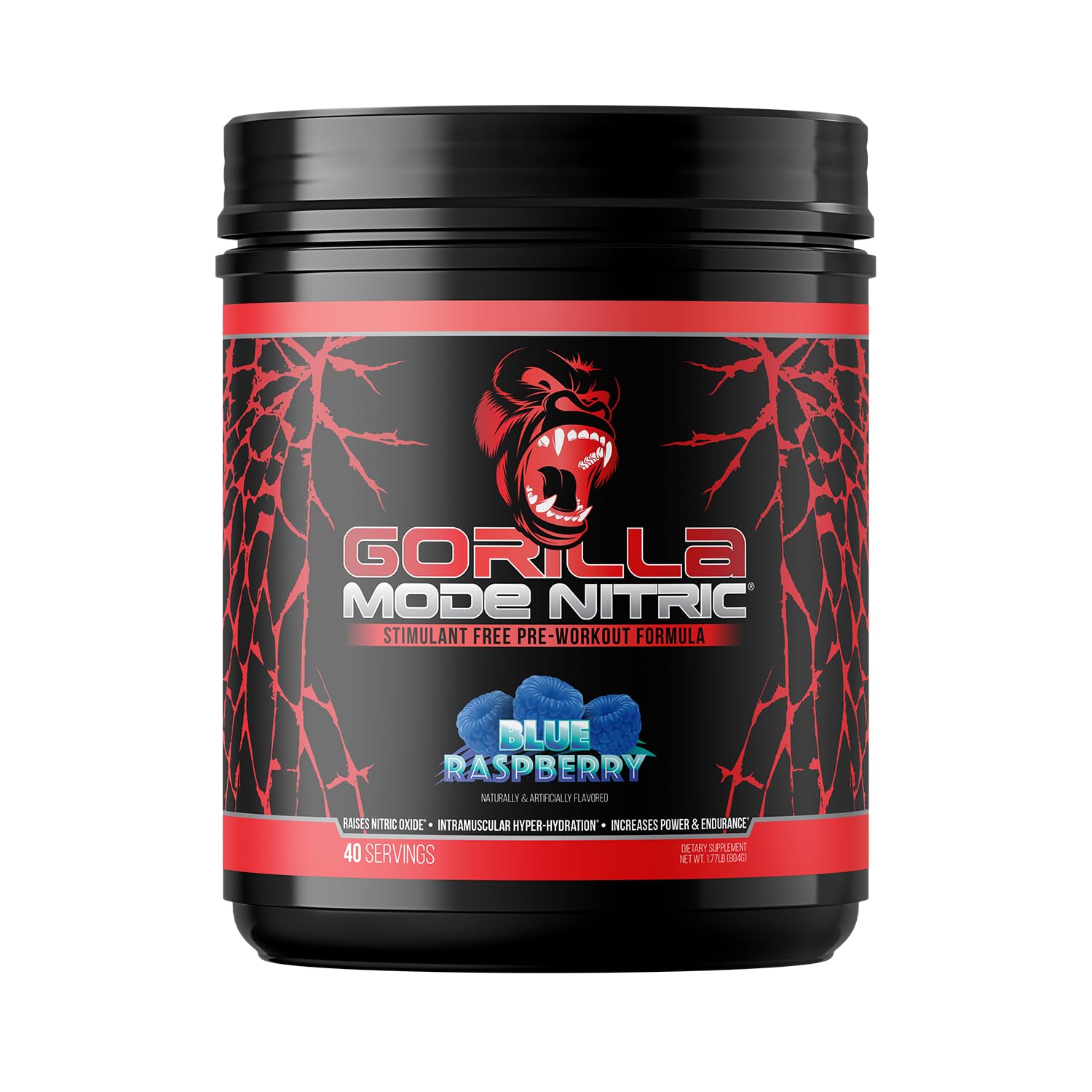 Gorilla Mind Nitric Upgraded blue raspberry tub emphasizes flavor and transparency.