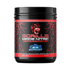 Gorilla Mind Nitric Upgraded blue raspberry tub emphasizes flavor and transparency.