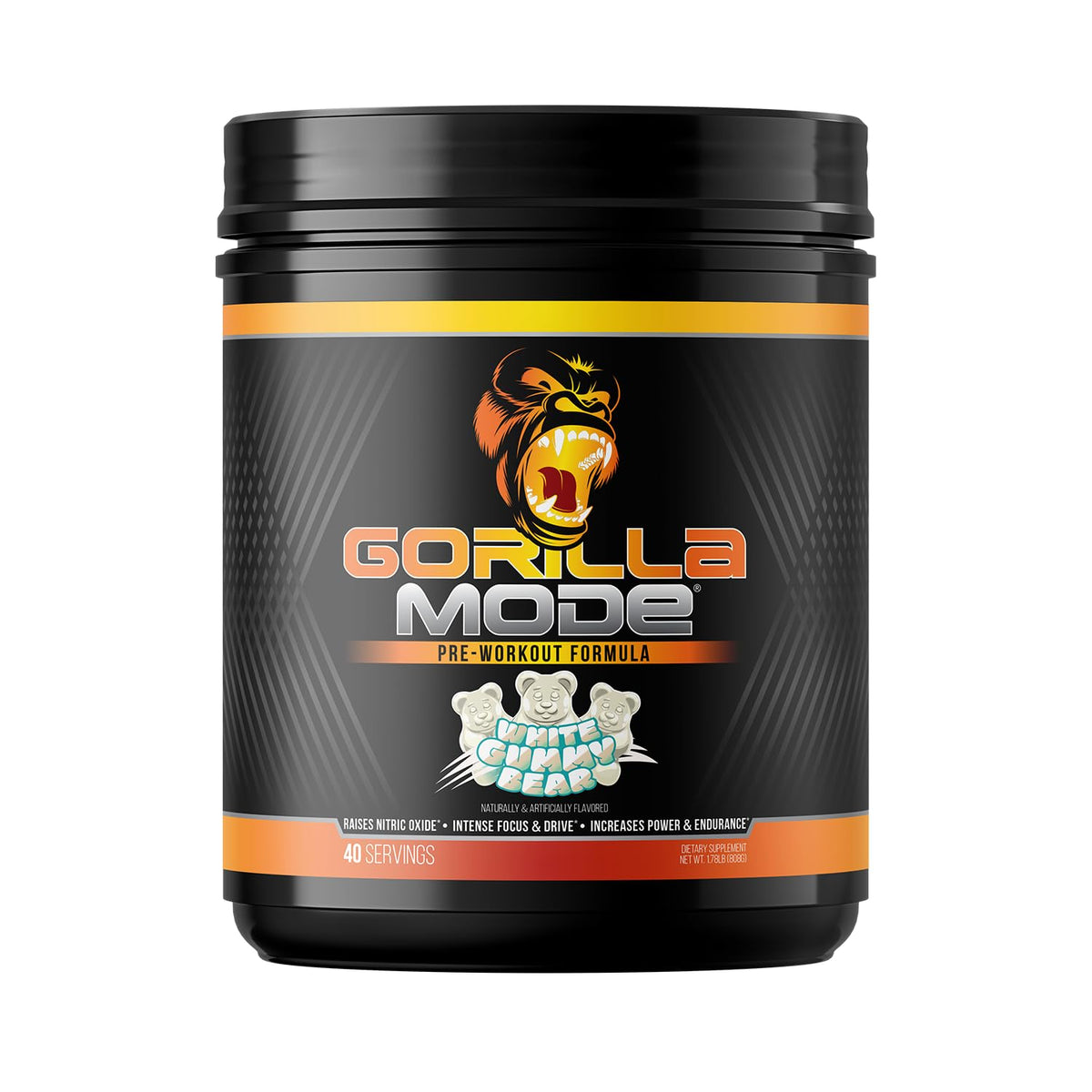 Gorilla Mind Pre Workout bottle with white gummy bear flavor hints at strong pumps.