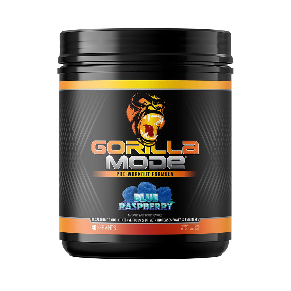 Gorilla Mind Gorilla Mode Blue Raspberry bottle pour for pre-workout energy and pumps.