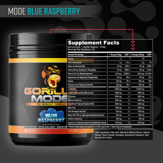 Gorilla Mode pre-workout scoop dispensing for precise dosing and consistency.