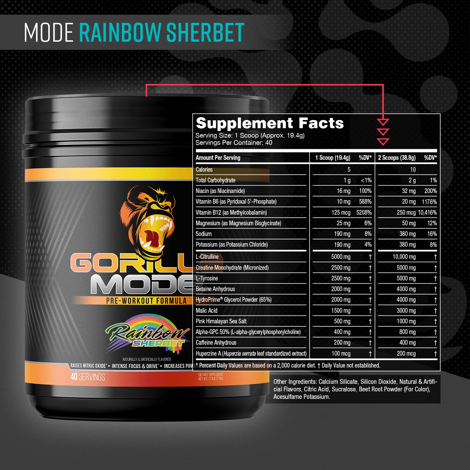 Gorilla Mode pre-workout tub front label highlights high-dosage ingredients.